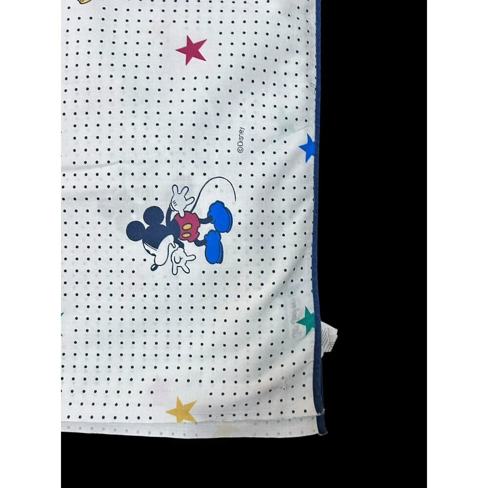 Vtg 90s Disney Mickey Mouse Flat Sheet Full White Navy Polka Dots Primary Stars